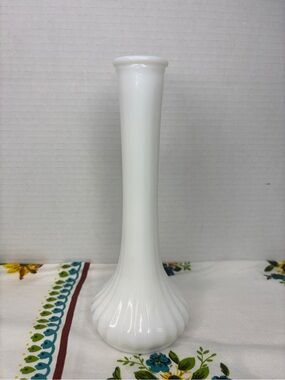 Vintage Hoosier #4096 Milk Glass Ribbed Bud Vase Classic White Skinny Flower Cup